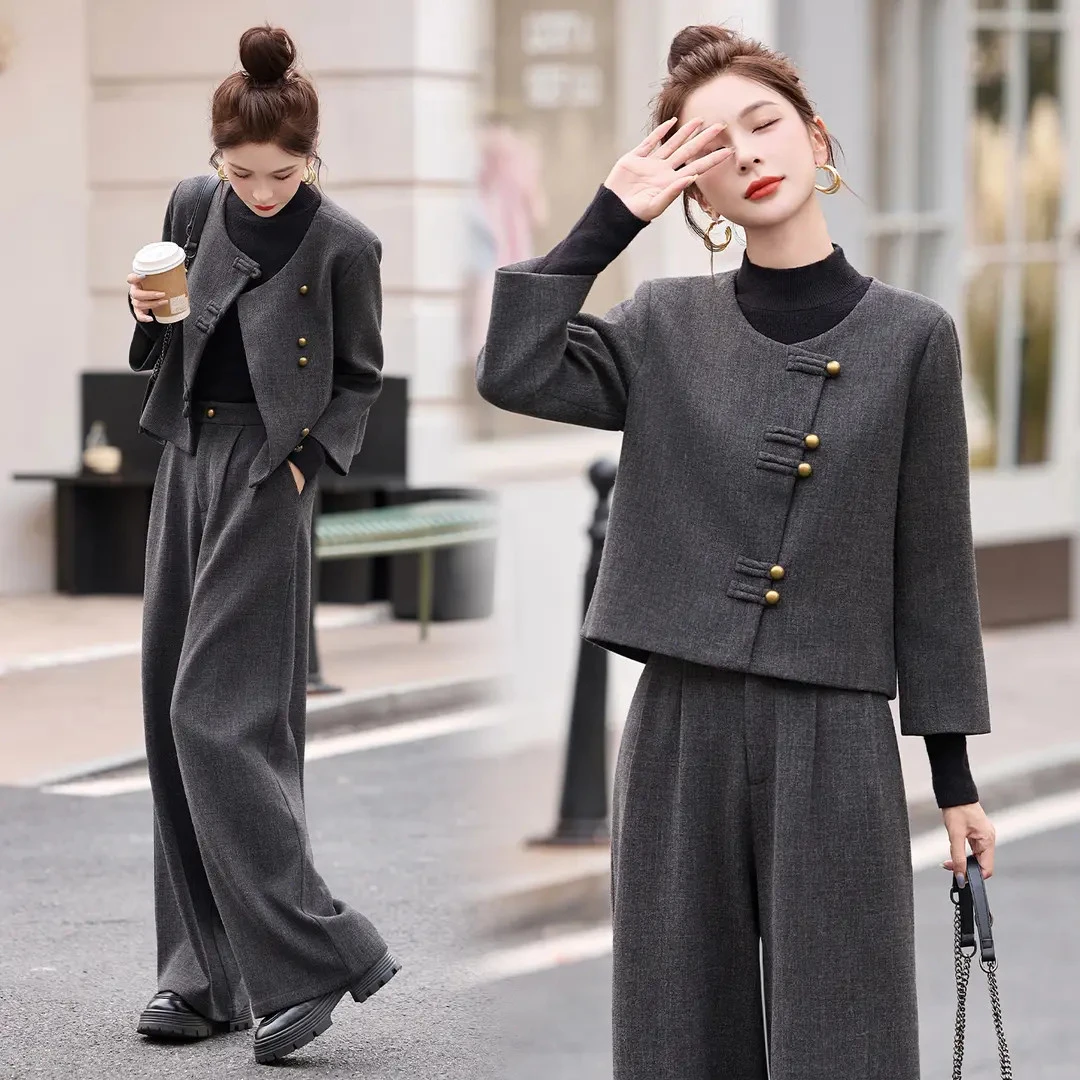 2025秋冬新款新中式复古盘扣毛呢高腰阔腿裤套装女洋气减龄两件套