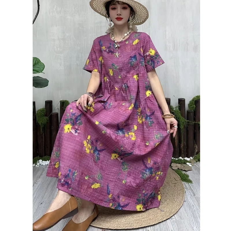 玫粉色--竹节麻宽松显瘦妈妈款时尚花色短袖连衣裙夏季薄款过膝款