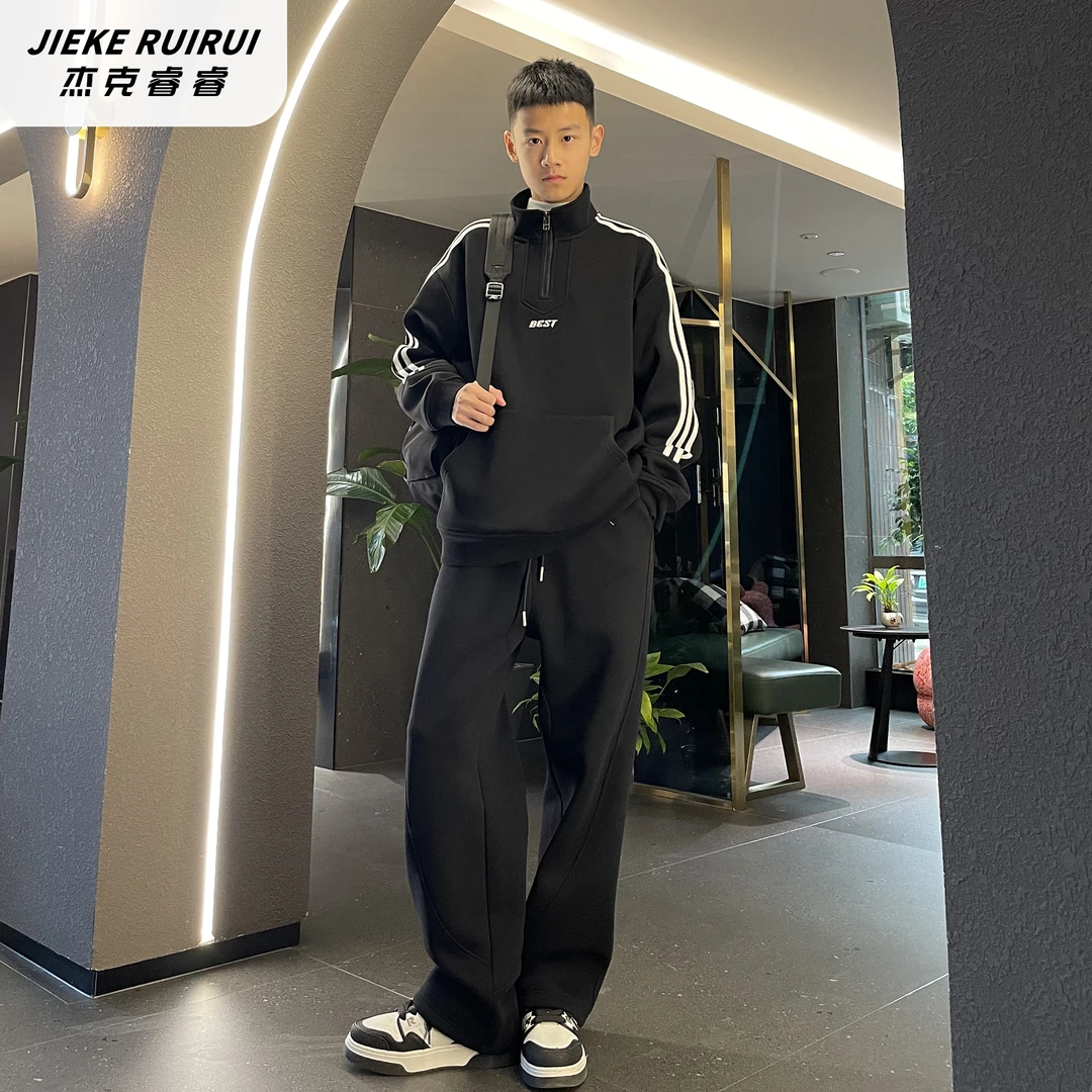 【亲】冬季美式复古织带刺绣加绒立领卫衣大童半拉链卫衣男杰克睿睿