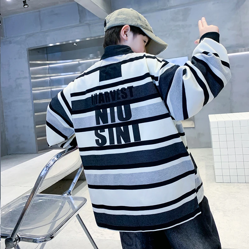 男童黑白条纹POLO领卫衣春秋2025新款儿童帅气休闲翻领上衣中大童