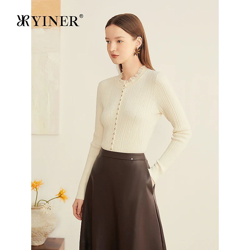 YINER音儿专选2025冬季新款法式美丽诺羊毛混纺木耳边圆领针织衫