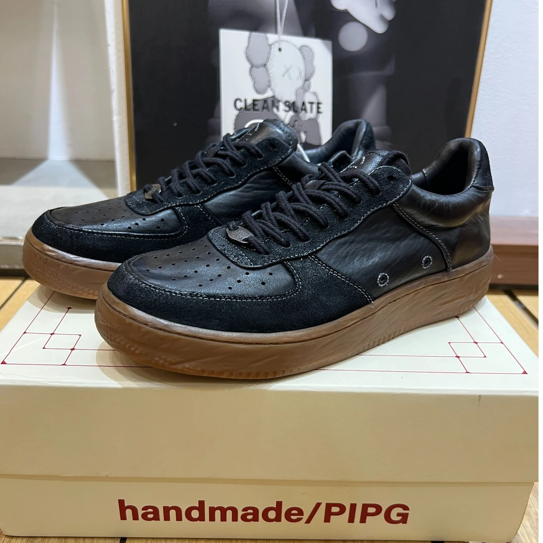 PIPG男鞋小众原创设计手工真皮黑色复古运动休闲板鞋洗水马皮