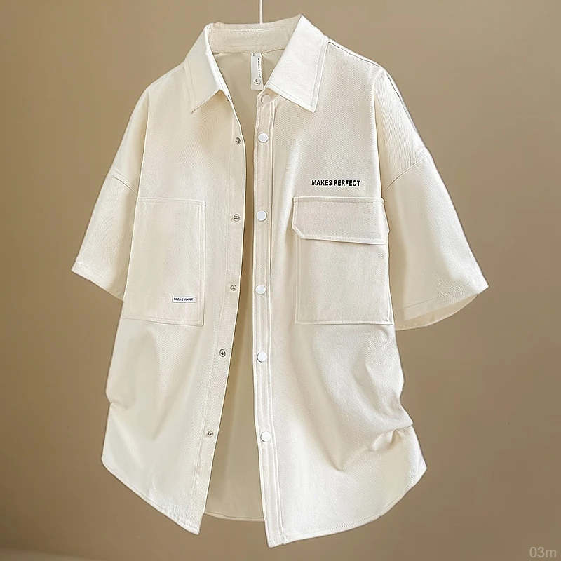 玛斯柏夏季薄款短袖衬衫男士夏季透气美式潮牌宽松男生工装衬衣服