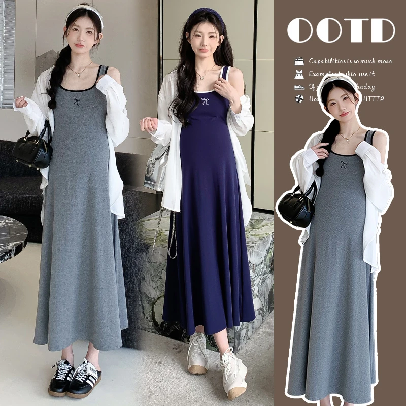 2025孕妇装夏装套装新款修身显瘦中长款吊带连衣裙时宽松防晒开衫