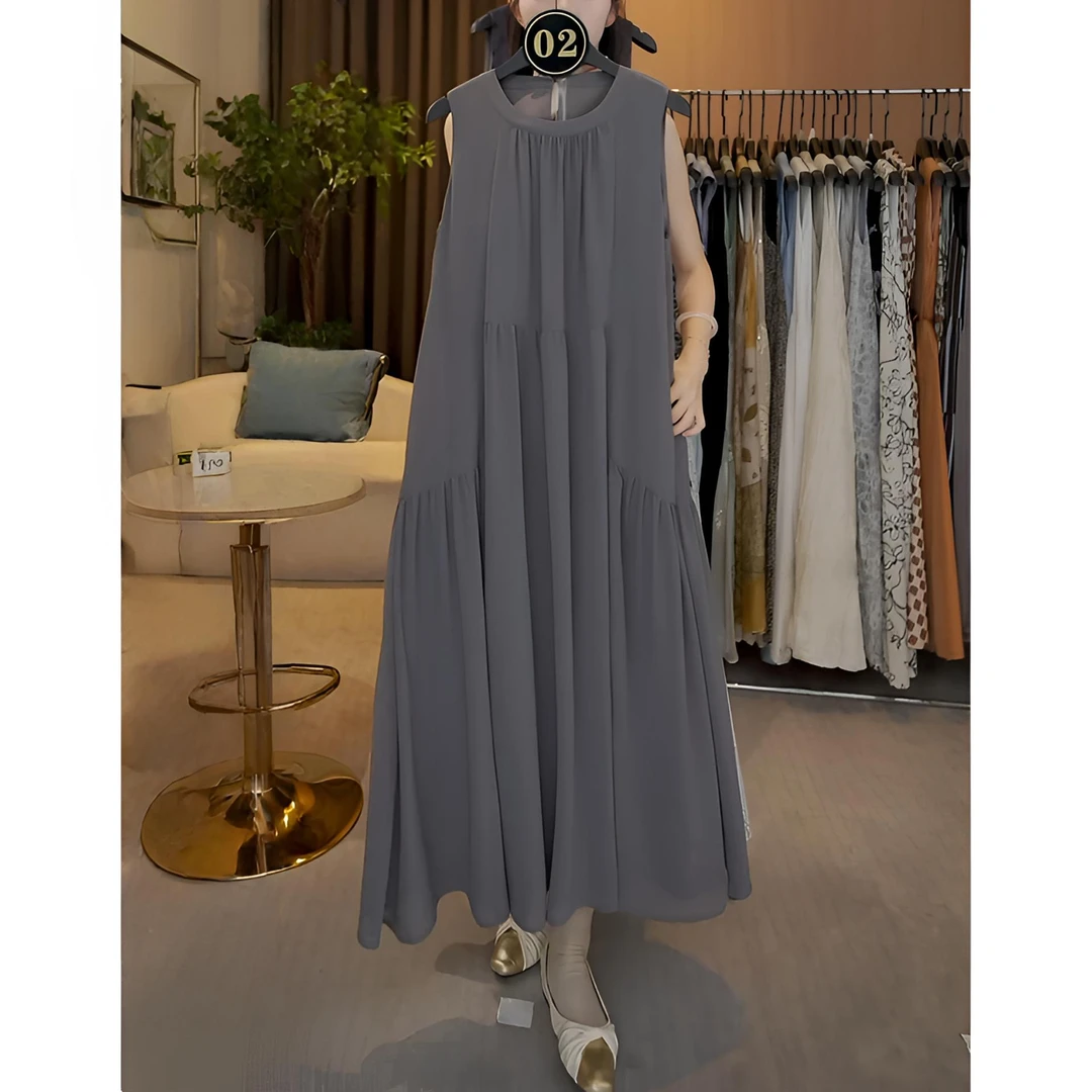 大码时尚2025夏新款气质百搭小众无袖宽松显瘦收腰中长款连衣裙潮