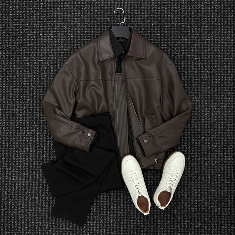 MIGSIMHE·美式休闲翻领拉链PU软皮衣男士痞帅高级感皮夹克外套