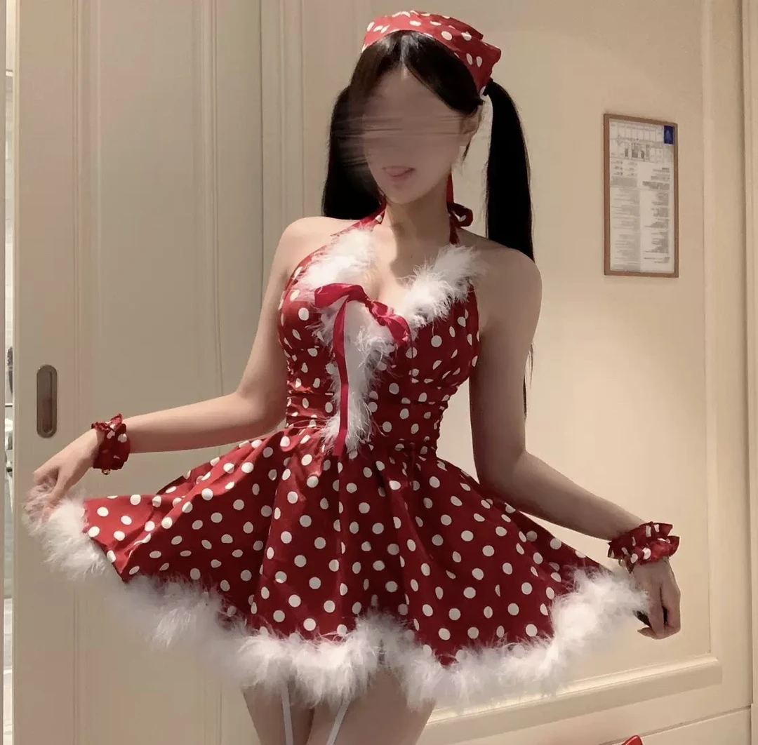 【SnGirl】红色波点纪念日新年战袍挂脖连衣裙