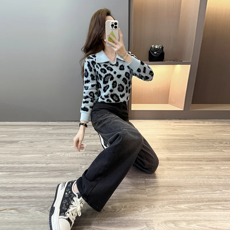 复古豹纹翻领女长袖慵懒风软糯针织毛衣气质上衣软糯上衣高级感