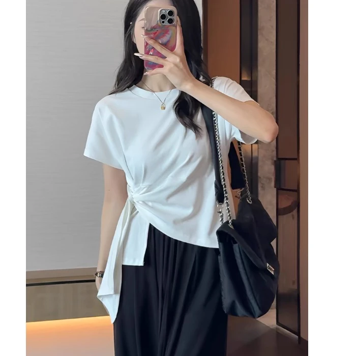 不规则绑带白色正肩短袖t恤女2025新款爆款设计感开叉上衣女夏款