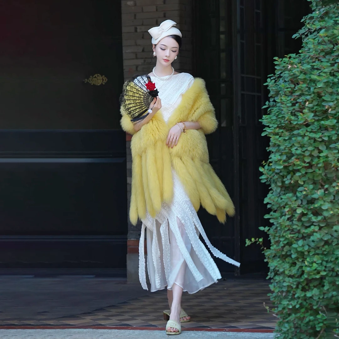 FLAME QUEEN/火焰皇后玫瑰故事 进口狐狸毛披肩时尚编织皮围巾