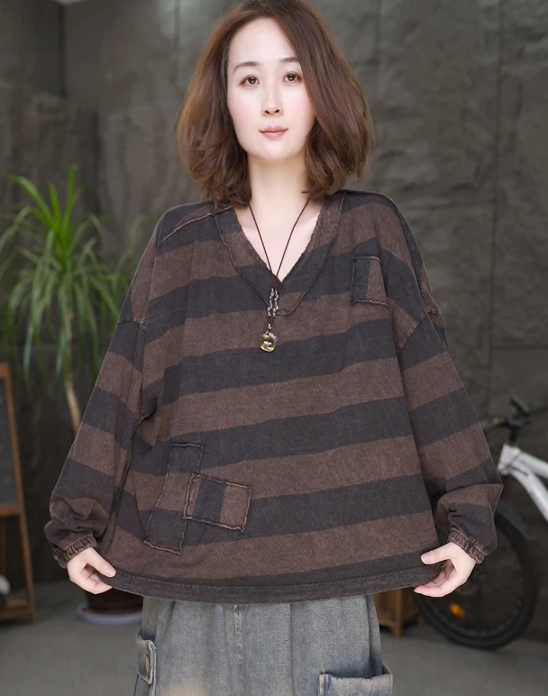 【纯棉条纹】秋季新款女装长袖上衣复古条纹百搭宽松T恤V领打底衫QQ