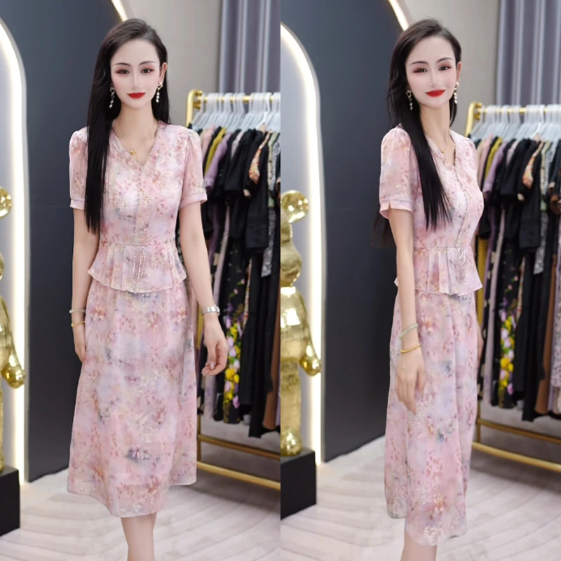 2025夏新款短袖假两件新中式百搭高级时尚轻奢重工舒适透气连衣裙