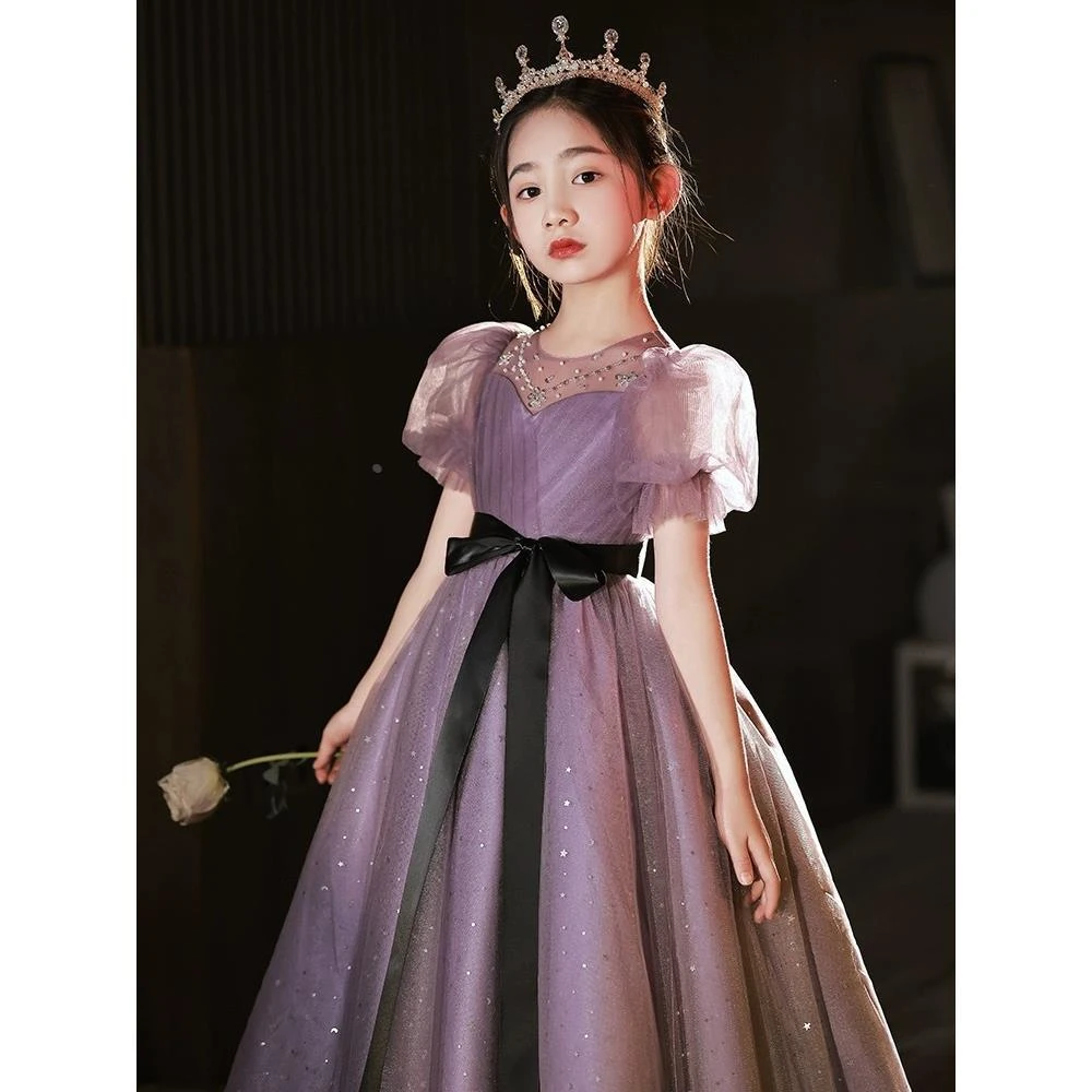 儿童礼服公主裙新款高端霸气紫色网纱蓬蓬裙长款模特主持钢琴演奏