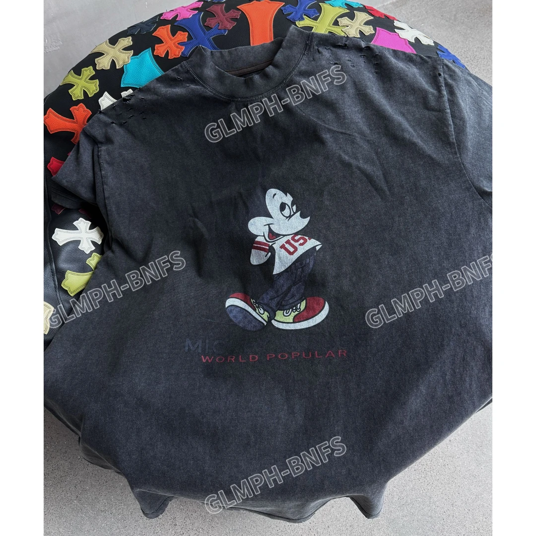 GLMPH-BNFS【破洞米奇】卡通印花宽松圆领短袖百搭休闲T恤-844