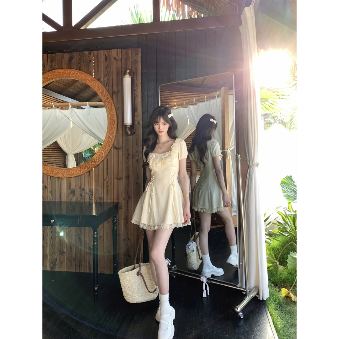 越韩小鱼 北海风铃 法式甜美温柔泡泡袖连衣裙蕾丝边气质显瘦短裙