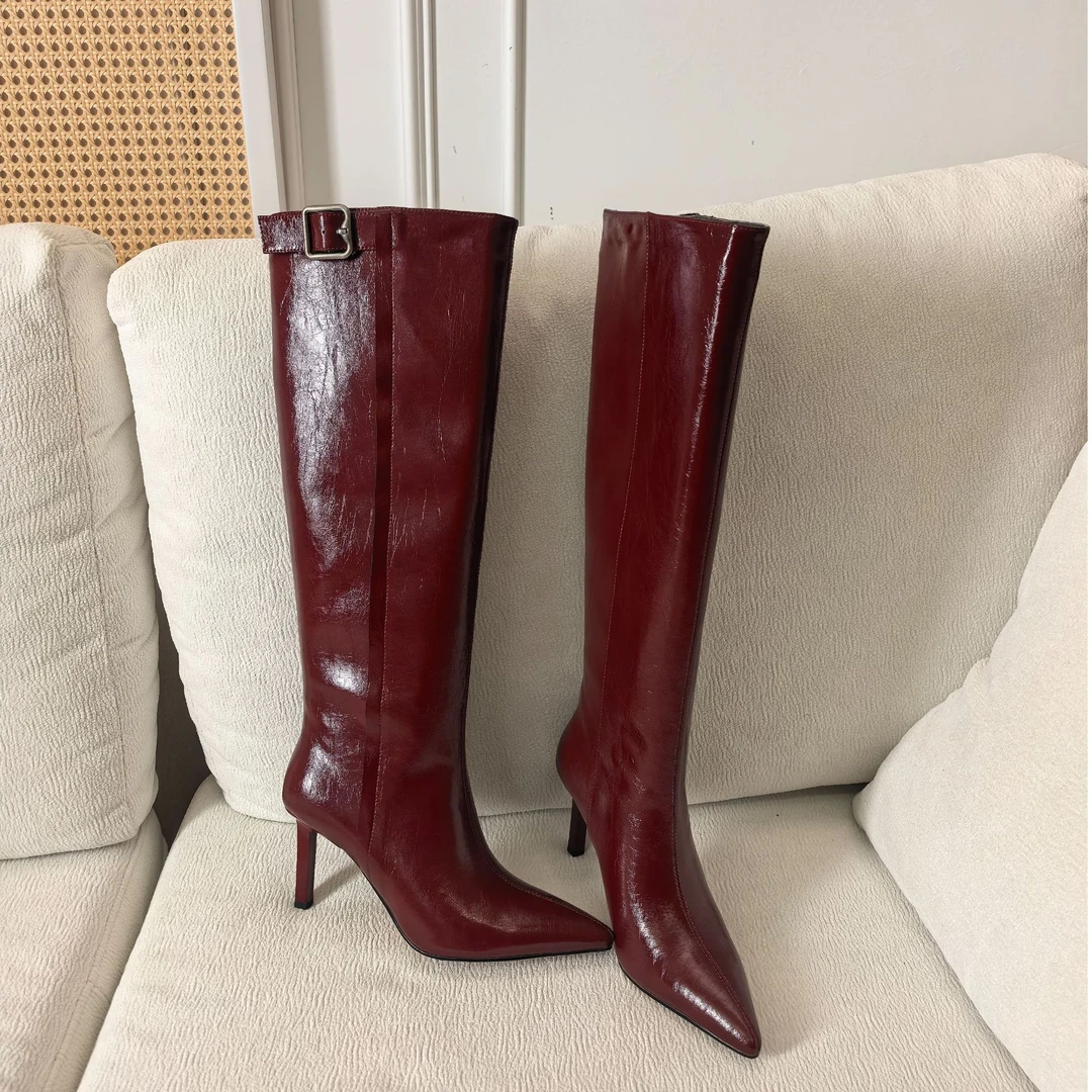 专柜品质尖头方根日常通勤显高显瘦红色高质感牛皮长筒女靴CFV401