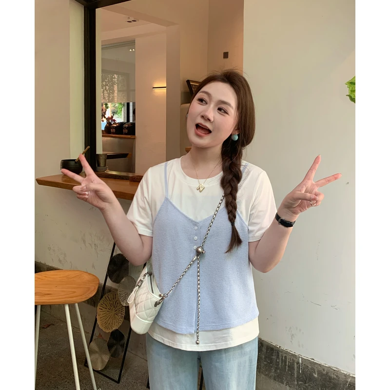 NANJIE/楠姐【冰镇汽水】夏季新款假两件拼接短袖设计感上衣XNS6339