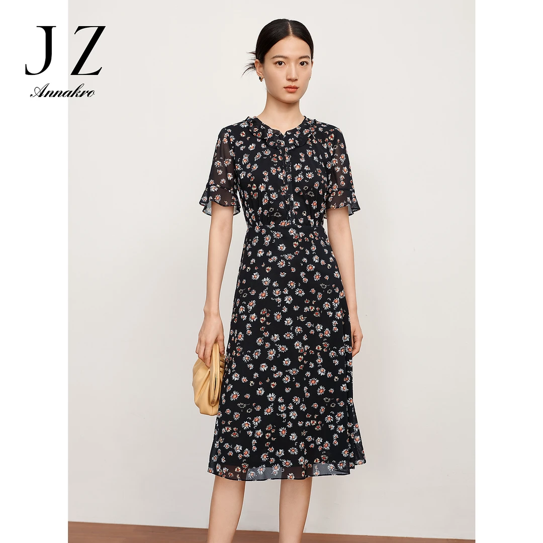 【婷婷专属】玖姿安娜蔻JTDQ50073气质优雅印花小植物设计感连衣裙