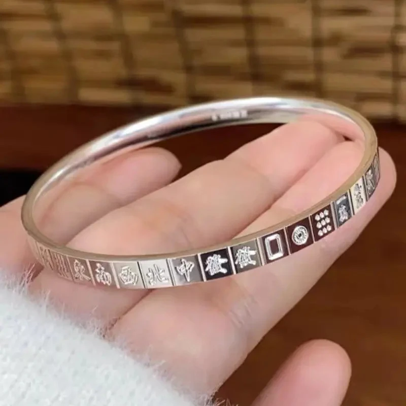 足银999麻将十三幺银手镯女简约实心亮面纯银素圈情人节送女友礼