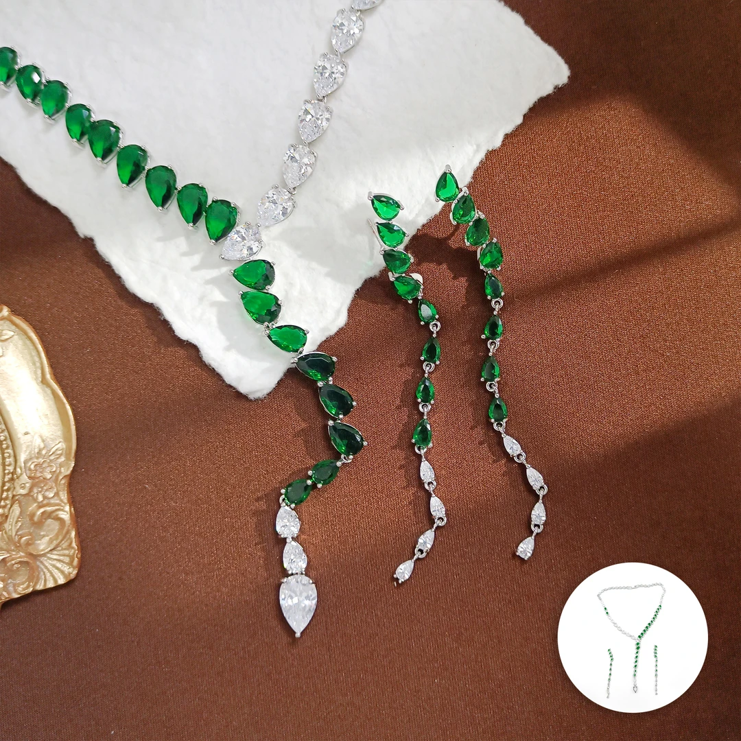 铜合金合成锆石项链 WYSX-006523【绿鬓朱颜】项链+耳饰 套装精致