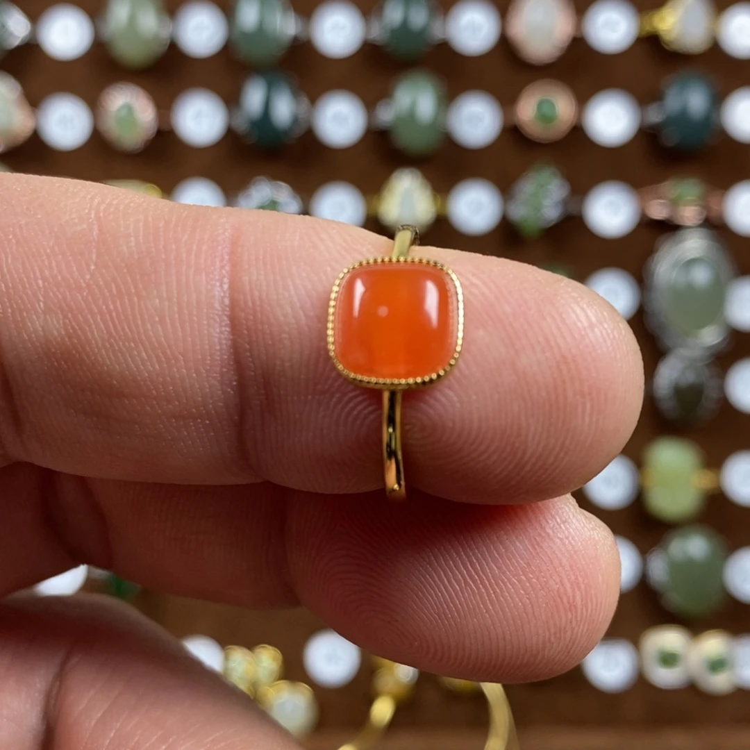 南红玛瑙银S925镀金镶嵌戒指