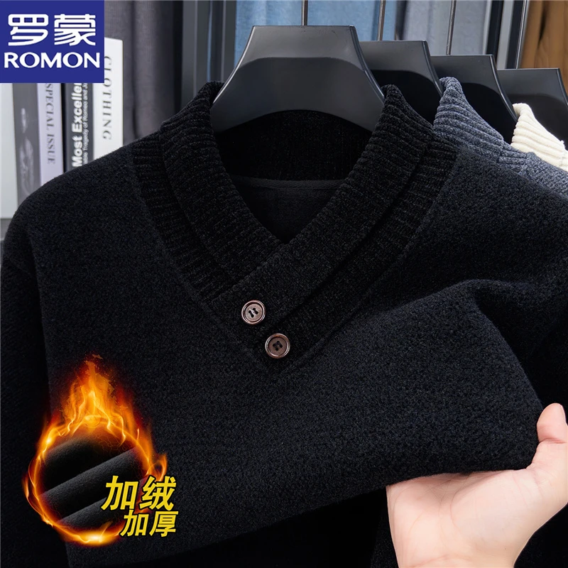 罗蒙男士冬季韩版修身半高领内搭加绒超厚针织保暖打底毛衣秋冬款