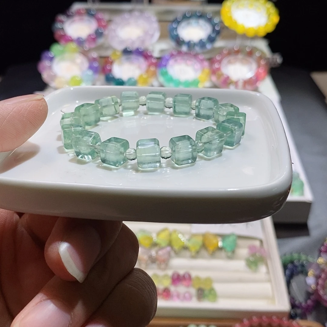 萤石手链未镶嵌薄荷绿手工方糖8mm