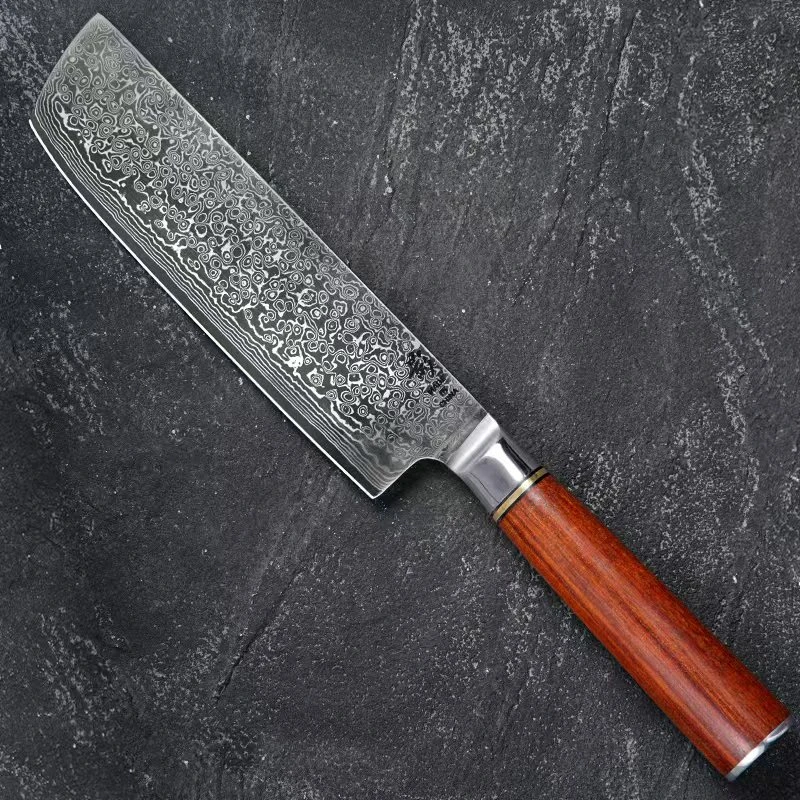 《影》67层大马士革雨滴纹红檀木平头10cr15mov硬度60±62HRC家用刀3