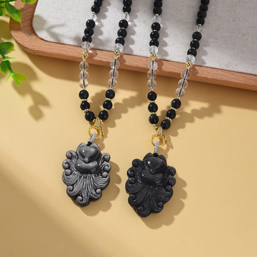 【婉葶珠宝】银曜石狐狸凤九牌牌项链（多样性发一）