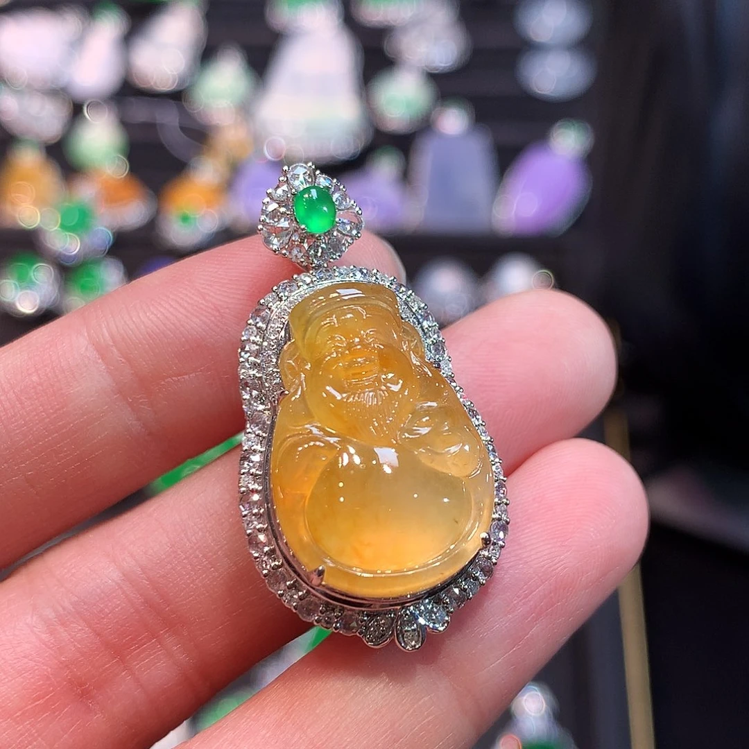 翡翠18K金镶嵌吊坠(赠链)高冰玻黄翡财神吊坠