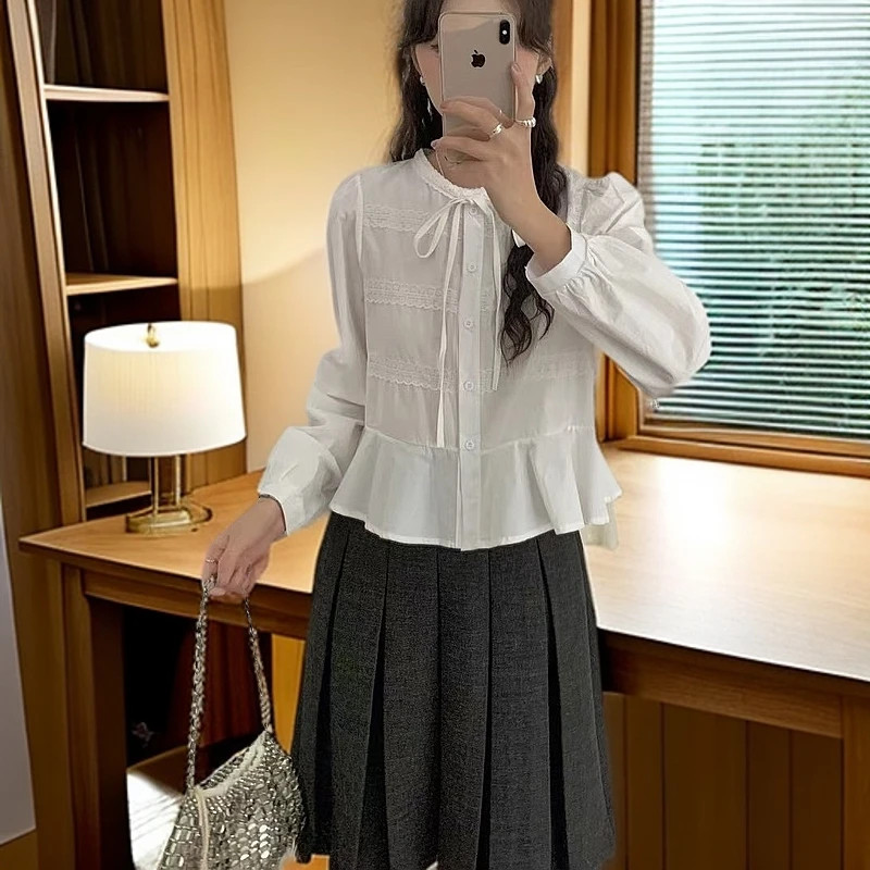 春季新款韩版花边荷叶边长袖衬衣法式蕾丝小众设计感气质时尚短款