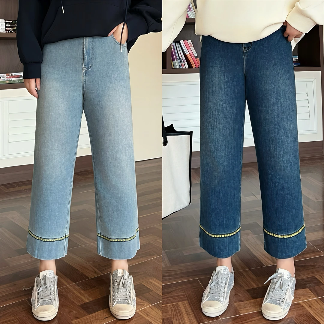 断码捡漏~大码女装秋季花契200斤胖mm弹力小直筒牛仔裤15441-F