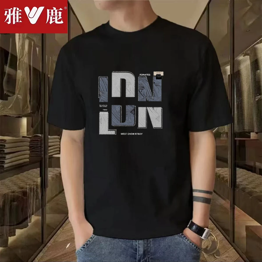 雅鹿印花纯棉夏季潮牌美式痞帅重磅T青年百搭圆领ins宽松短袖爆款