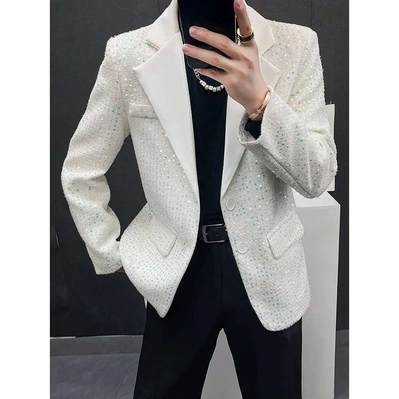 嘉伟1283韩版白色亮片西装外套男潮流痞帅韩版宽松夜店西服炸街
