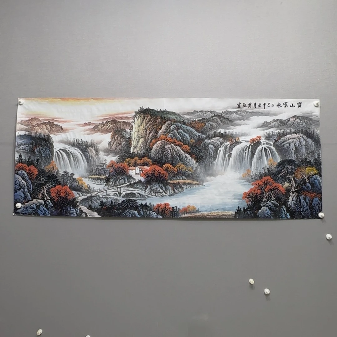 柿***意国画横幅六尺精品山水贾敏