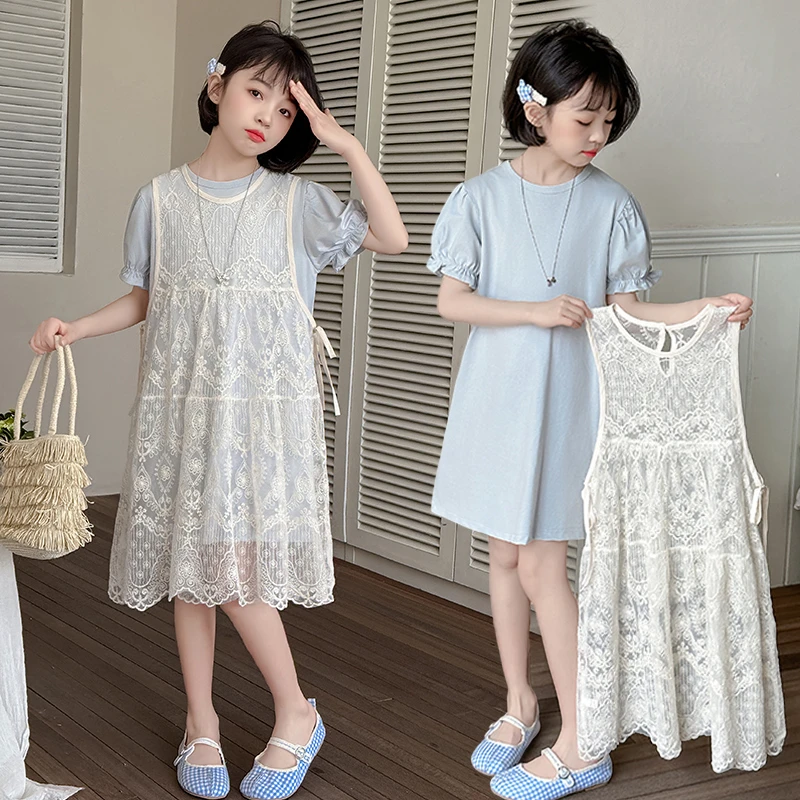 女童夏季连衣裙2025新款大儿童洋气时髦蕾丝裙子女孩夏装叠穿套装