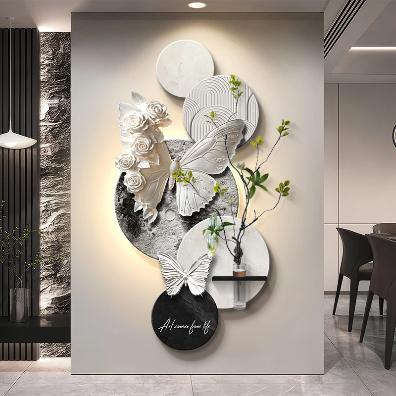 水培绿植入户正对门挂画玄关装饰画蝴蝶黑白简约走廊过道晶瓷壁画