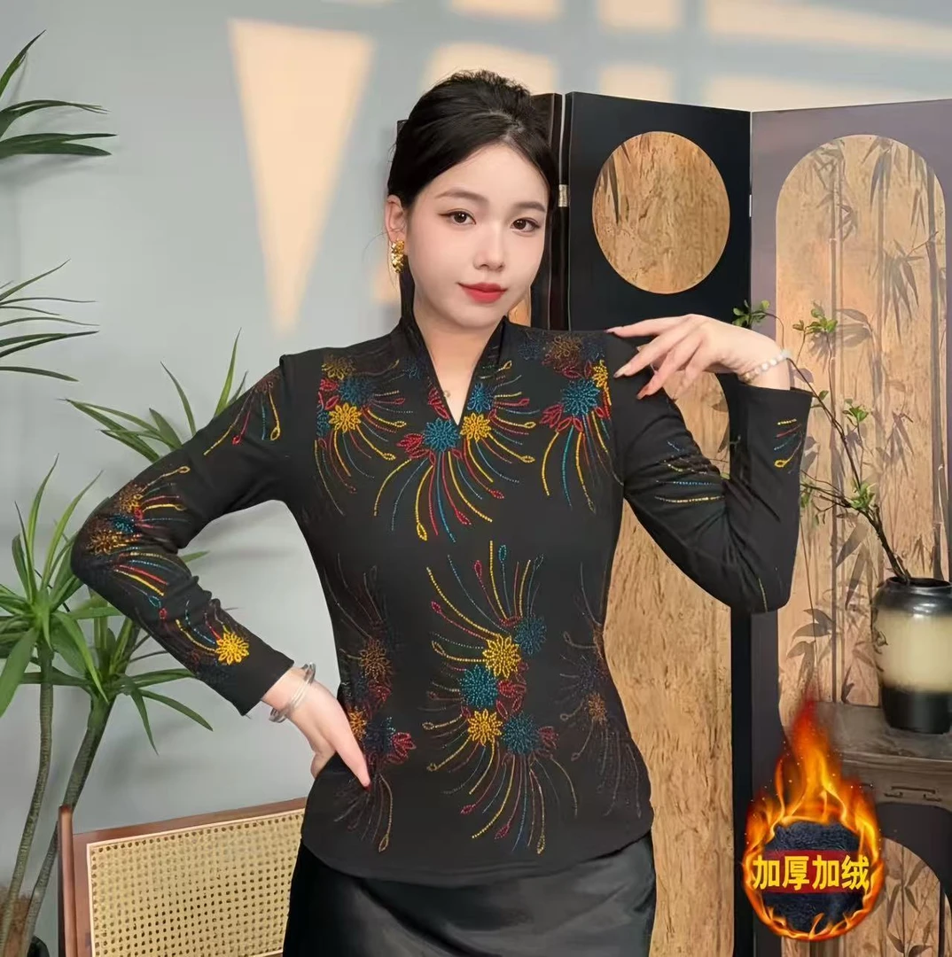【加绒显瘦】烟花烫钻新中式长袖V领显瘦常规款镶钻女烫钻-3228