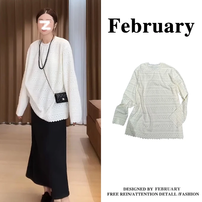 February大码中长款蕾丝花边长袖t恤女2025春季胖mm宽松上衣-5653