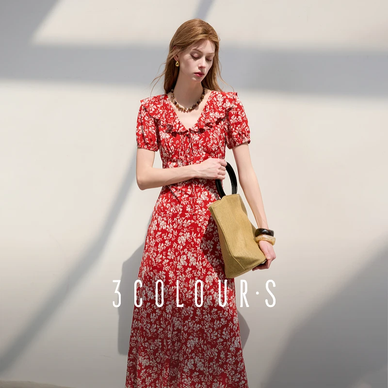 三彩2025夏季新款荷叶边碎花裙法式收腰A字裙长裙系带优雅S