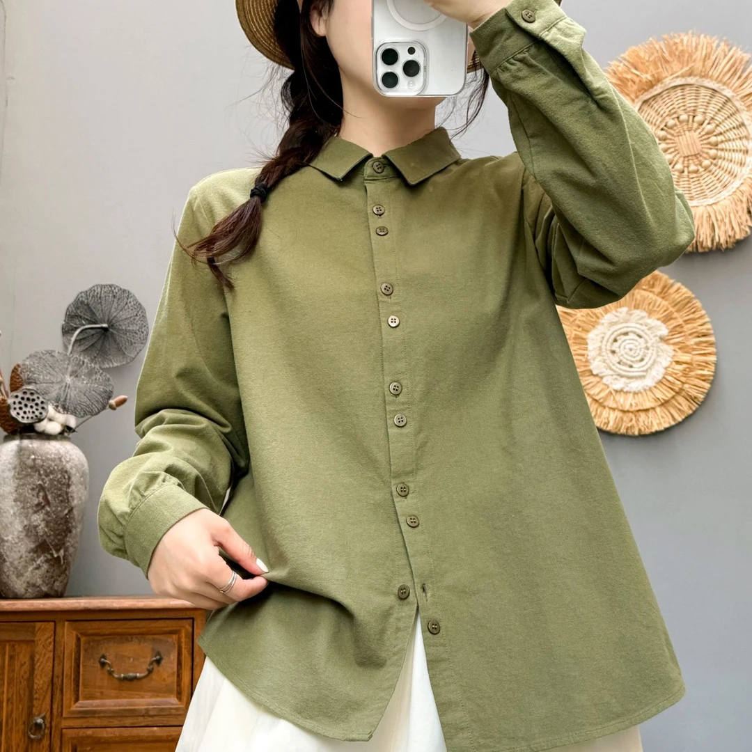 双扣磨毛纯棉长袖衬衫～高级感休闲宽松显瘦内搭上衣衬衣65182