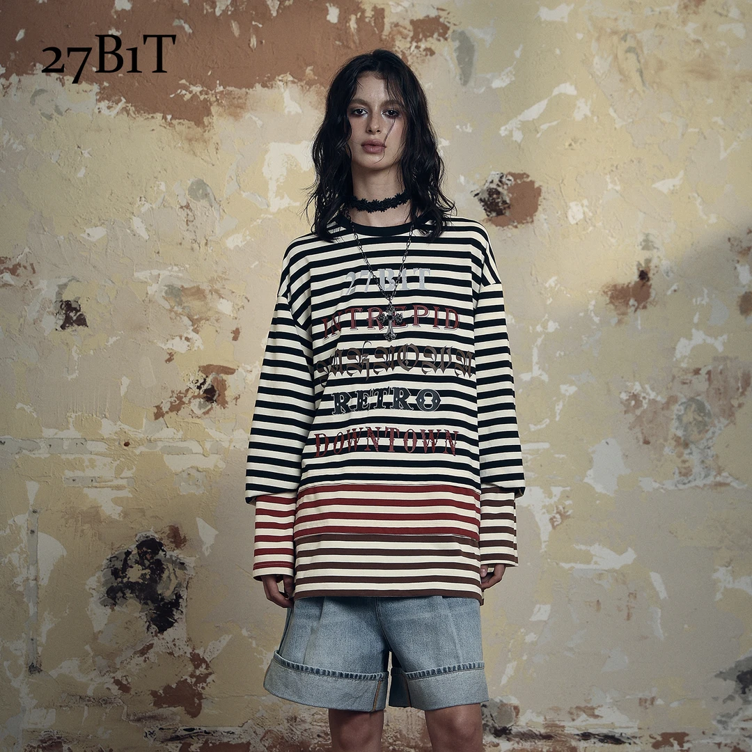 27B1T 复古撞色条纹长袖上衣女款圆领t恤字母印花新款 BDWWA2T375