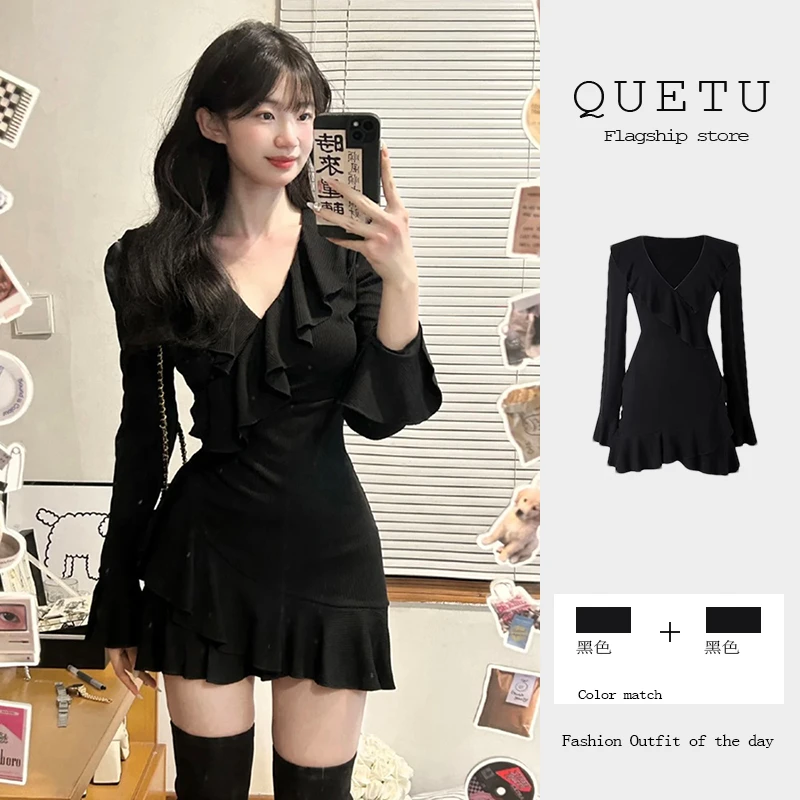 pinkmoon||欲风性感V领长袖V领性感短裙连衣裙显瘦荷叶边包臀短裙