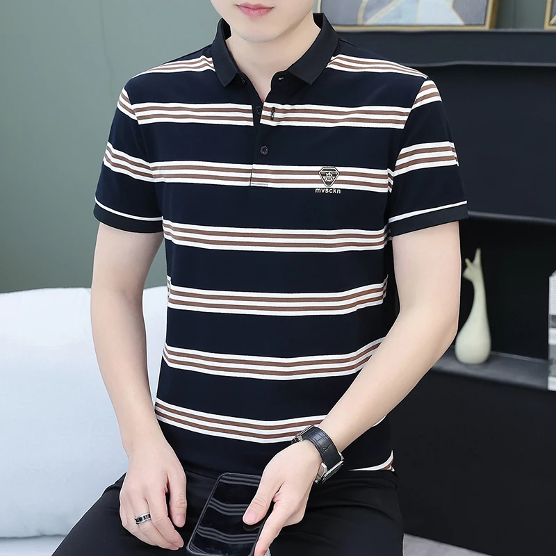 韩版Polo衫宽松薄款休闲商务t恤男式翻领半袖条纹短袖polo夏季