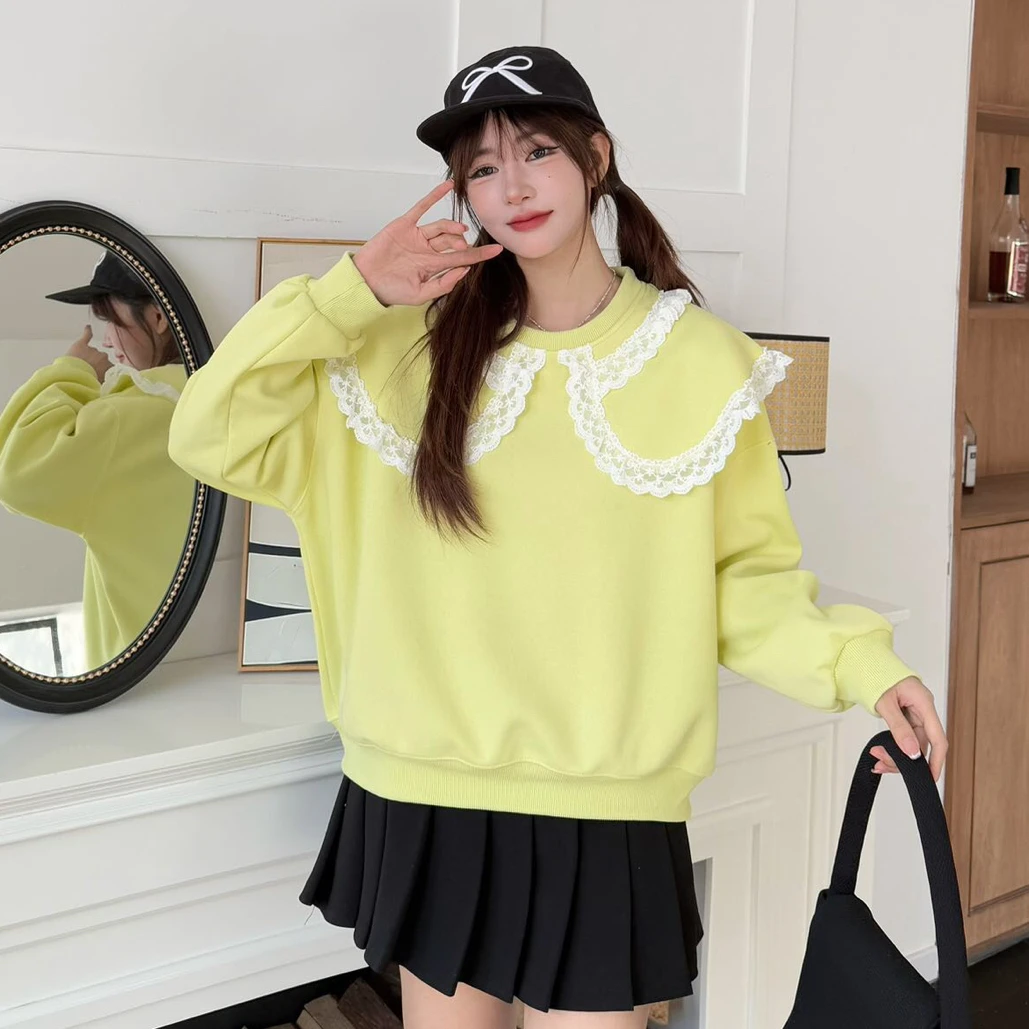 3001重工蕾丝娃娃领卫衣减龄少女风休闲甜美学院风秋季宽松上衣女