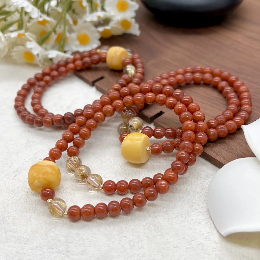 【润家原创】天然6mm瓦西料南红18K金石膏蜡墩子双圈（多样性发一件）