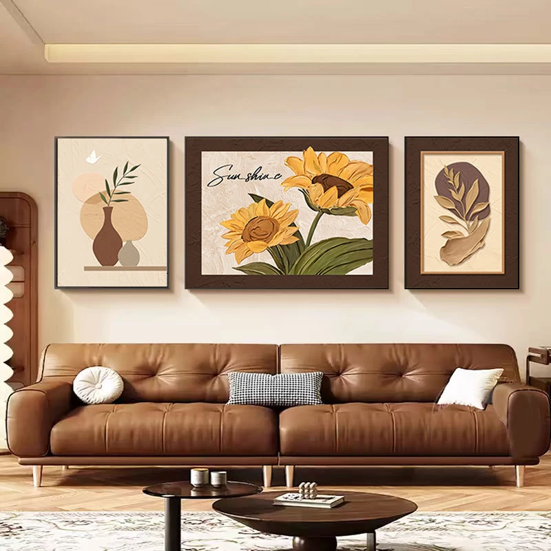 客厅装饰画高级感向日葵沙发背景挂画中古风复古法式三联艺术壁画