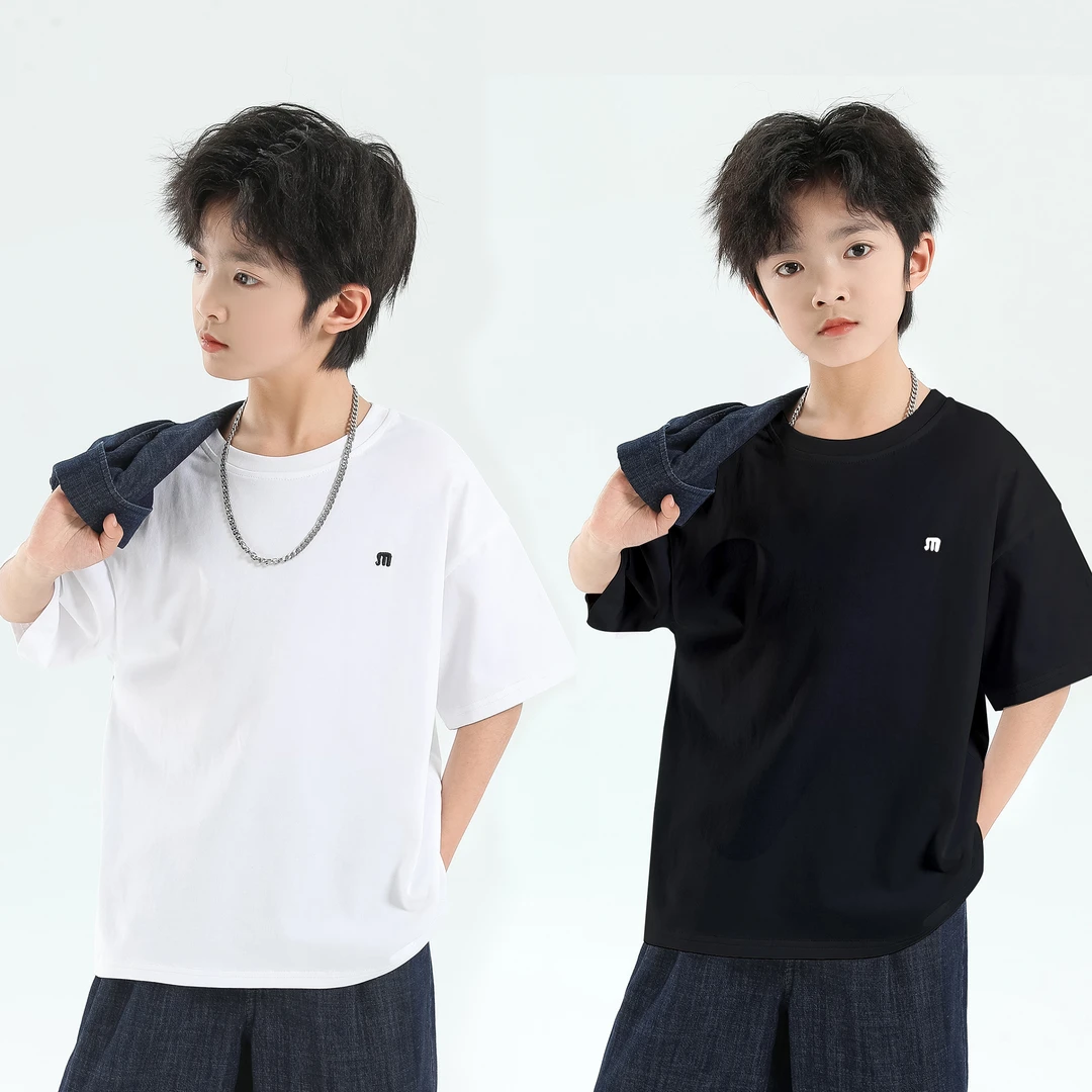 象小爸【100%棉T恤】2025中大童新款男孩休闲夏装白色儿童体恤上衣