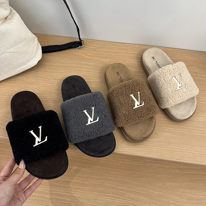 欧货羊羔毛毛鞋一字平底鞋露趾凉鞋托外穿拖鞋平底鞋网红爆款女鞋