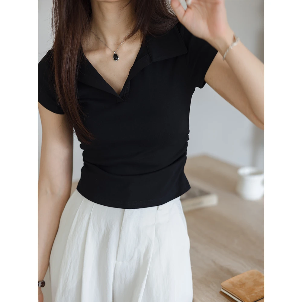 王妃家白色短袖女T恤夏2025新款纯色抽褶翻领正肩polo衫短款上衣